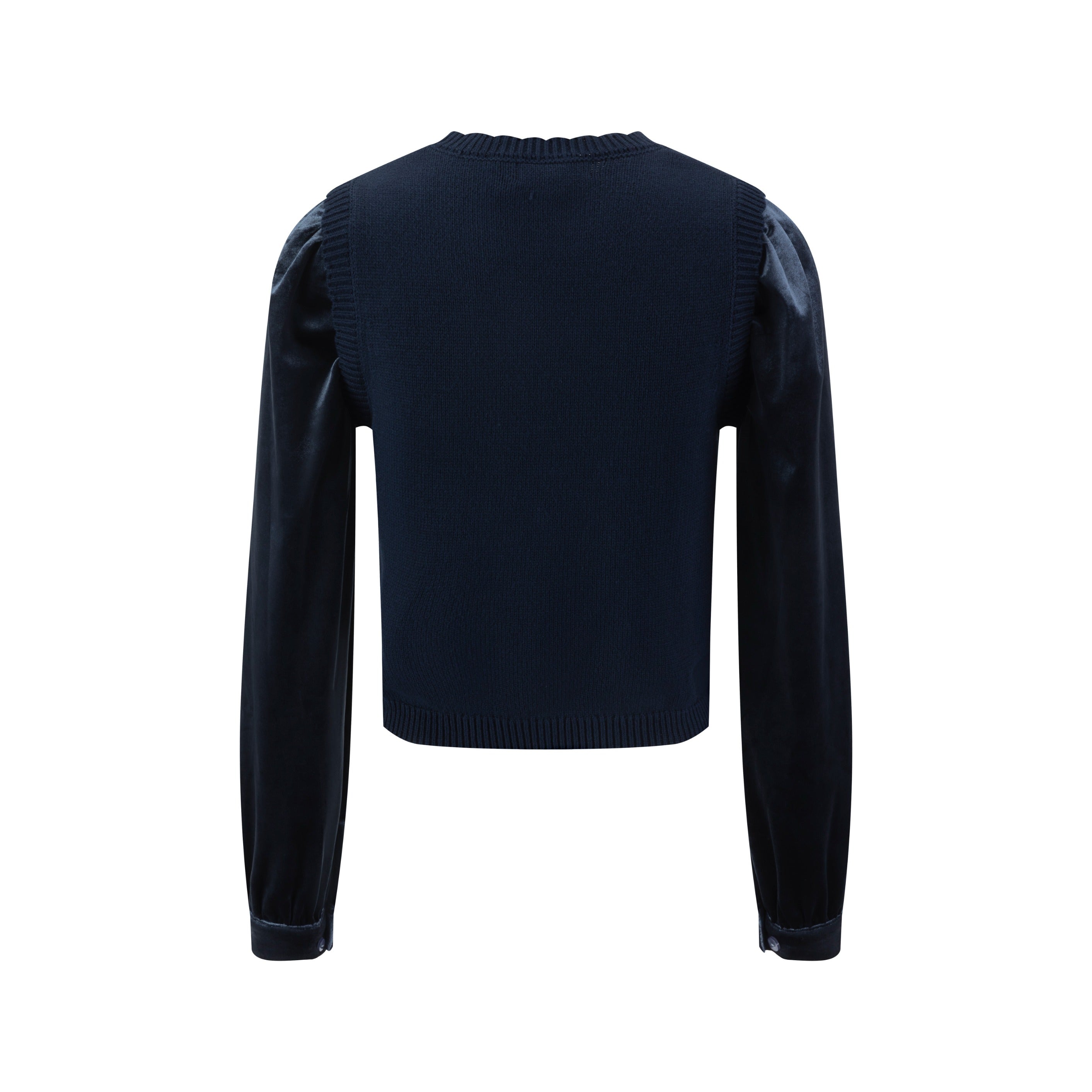 Knit Center Velvet Sleeves Top - Blue
