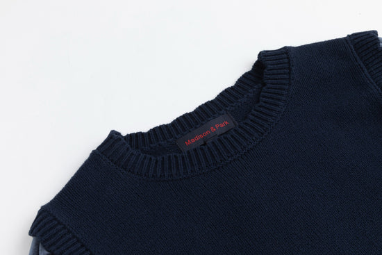 Knit Center Velvet Sleeves Top - Blue