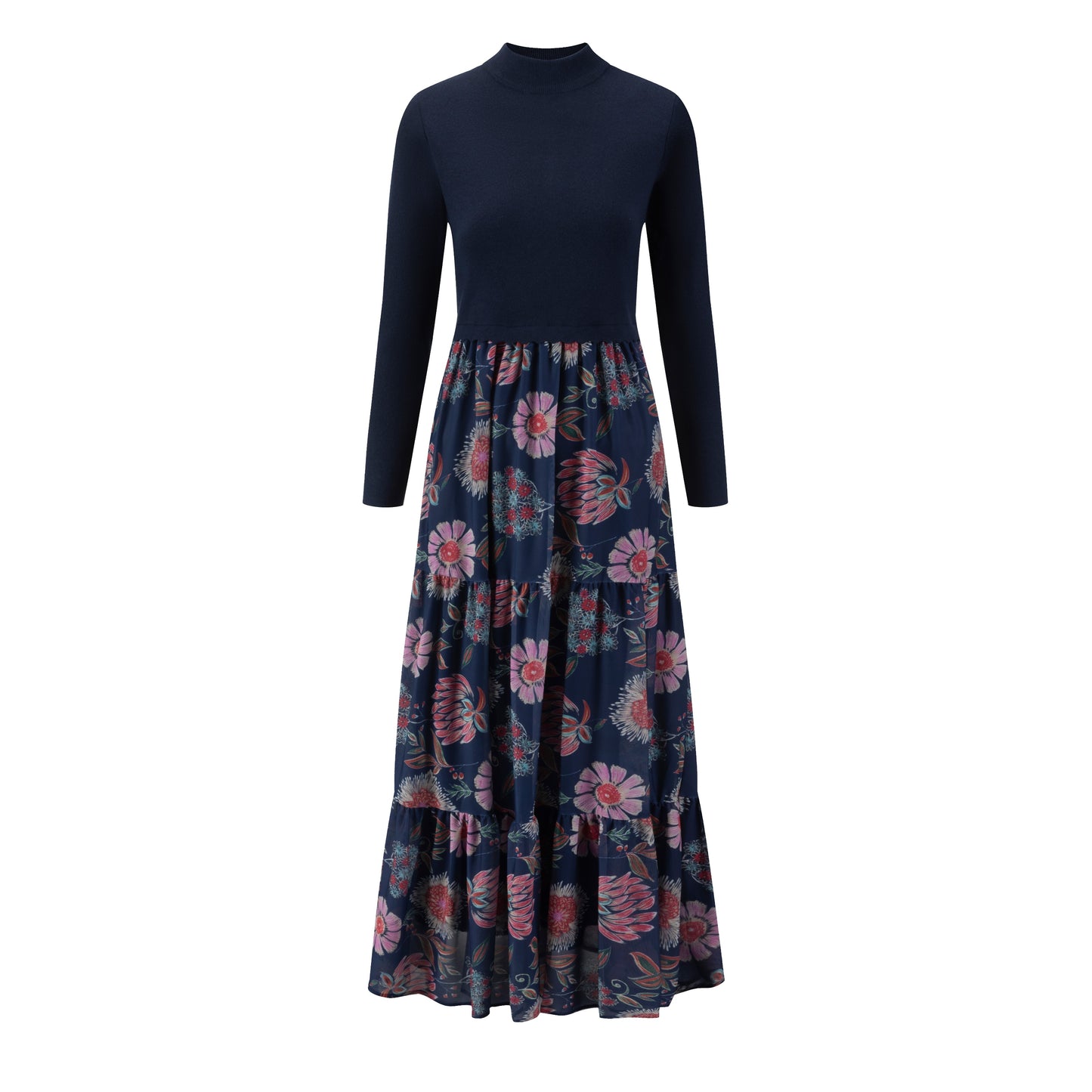 Navy Multi Patterned Mesh Dress With Attached Knit