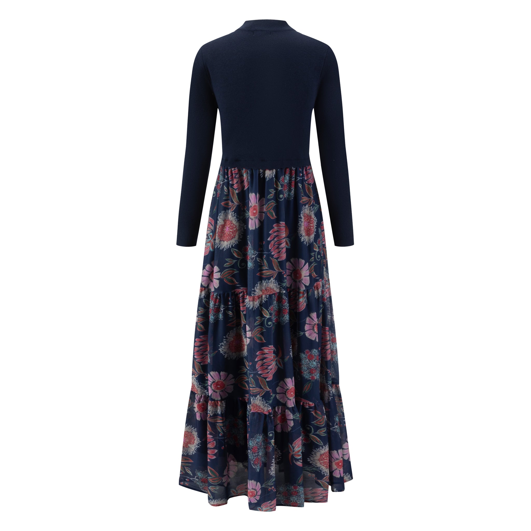 Navy Multi Patterned Mesh Dress With Attached Knit