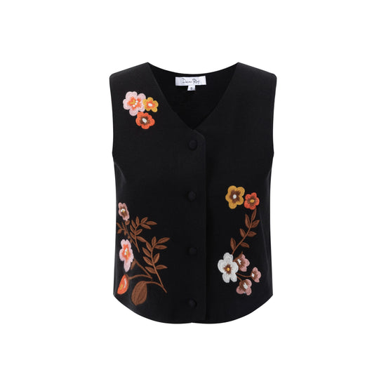 Black And Orange Flower Embroidered Vest