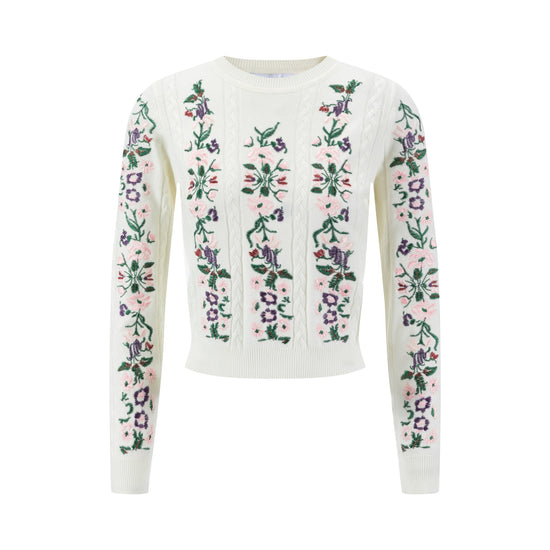 Sweater With Multi Colored Floral Embroidery - Cream