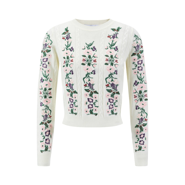 Sweater With Multi Colored Floral Embroidery - Cream