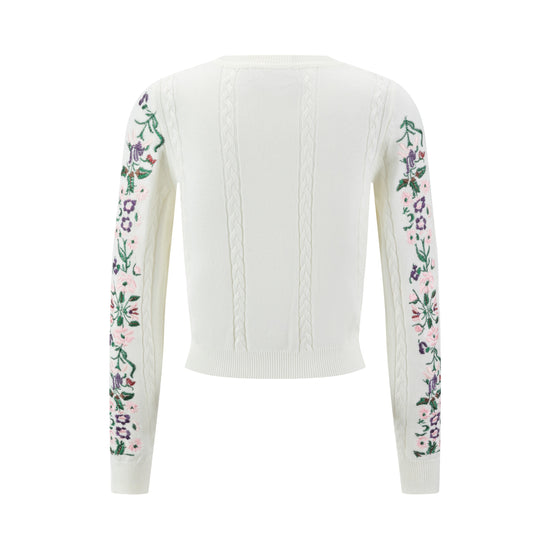 Sweater With Multi Colored Floral Embroidery - Cream