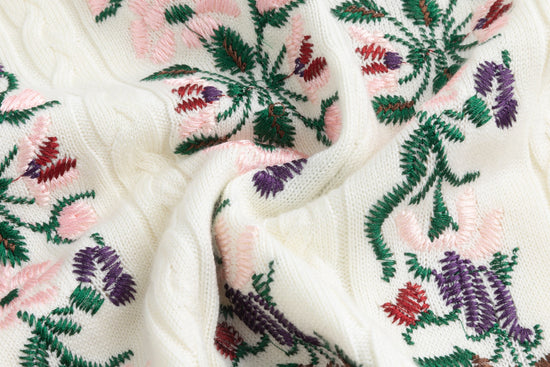 Sweater With Multi Colored Floral Embroidery - Cream