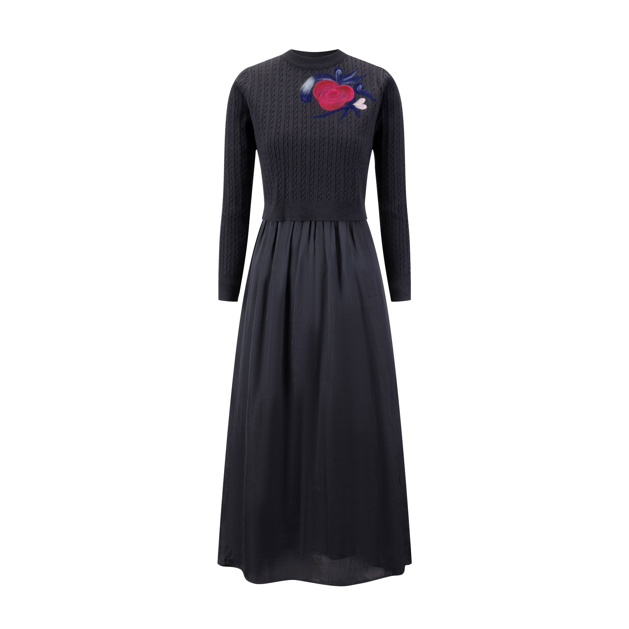Satin Dress With Knit Floral Overlay - Grey