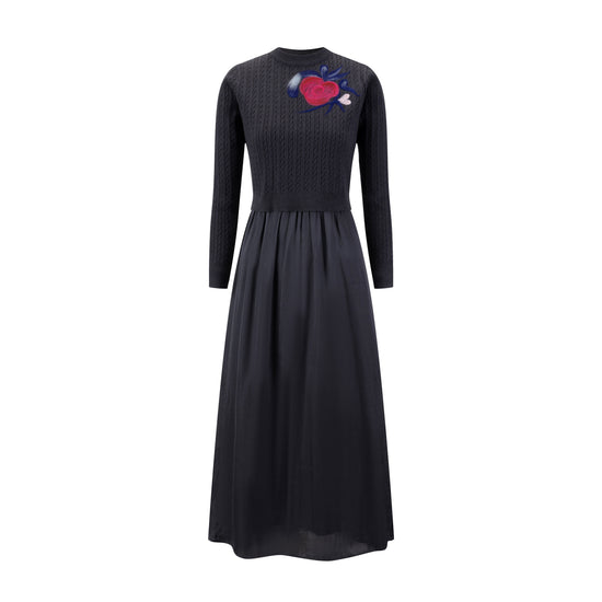 Satin Dress With Knit Floral Overlay - Grey