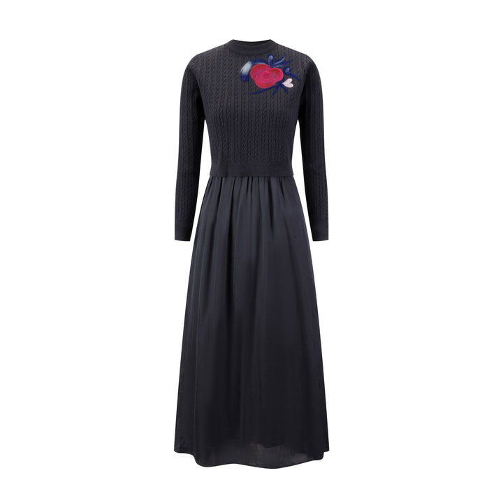 Satin Dress With Knit Floral Overlay - Grey