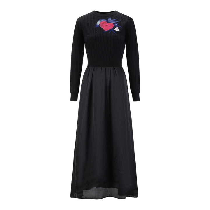 Satin Dress With Knit Floral Overlay - Black