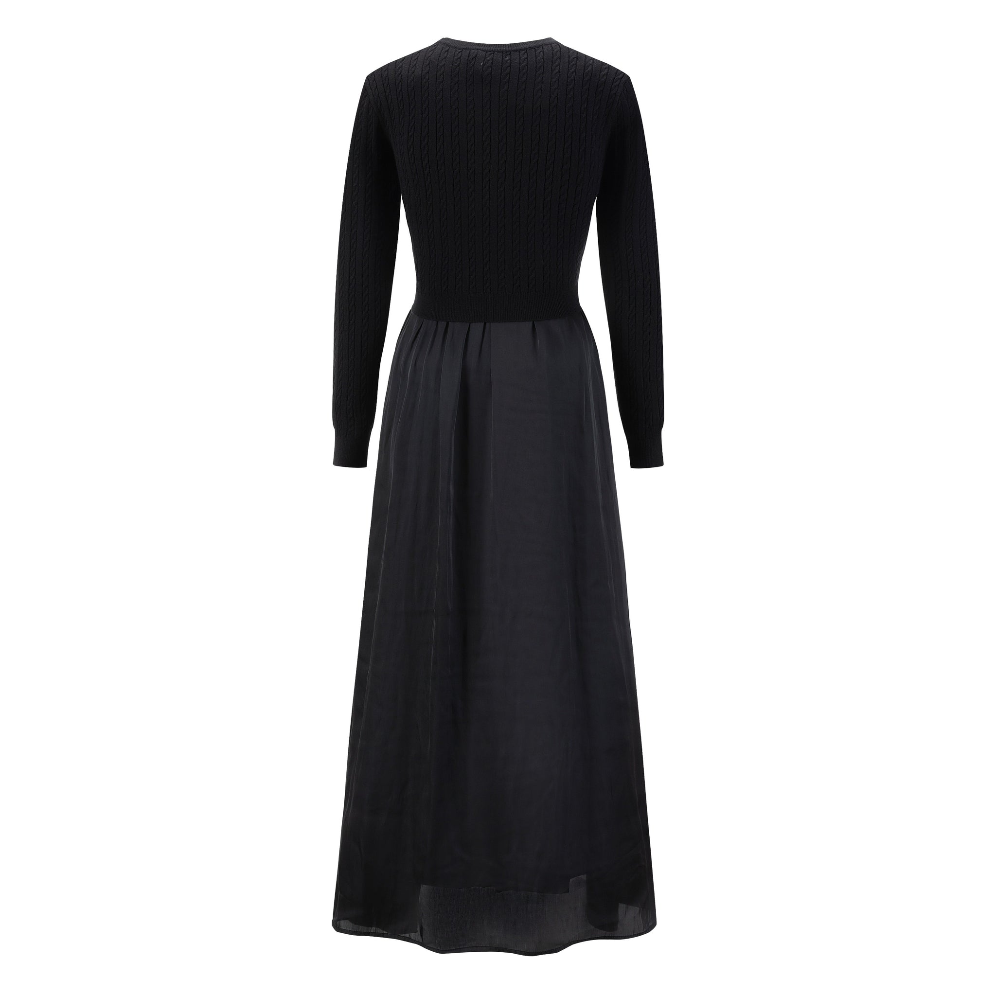 Satin Dress With Knit Floral Overlay - Black