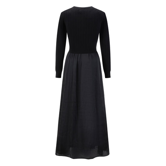 Satin Dress With Knit Floral Overlay - Black