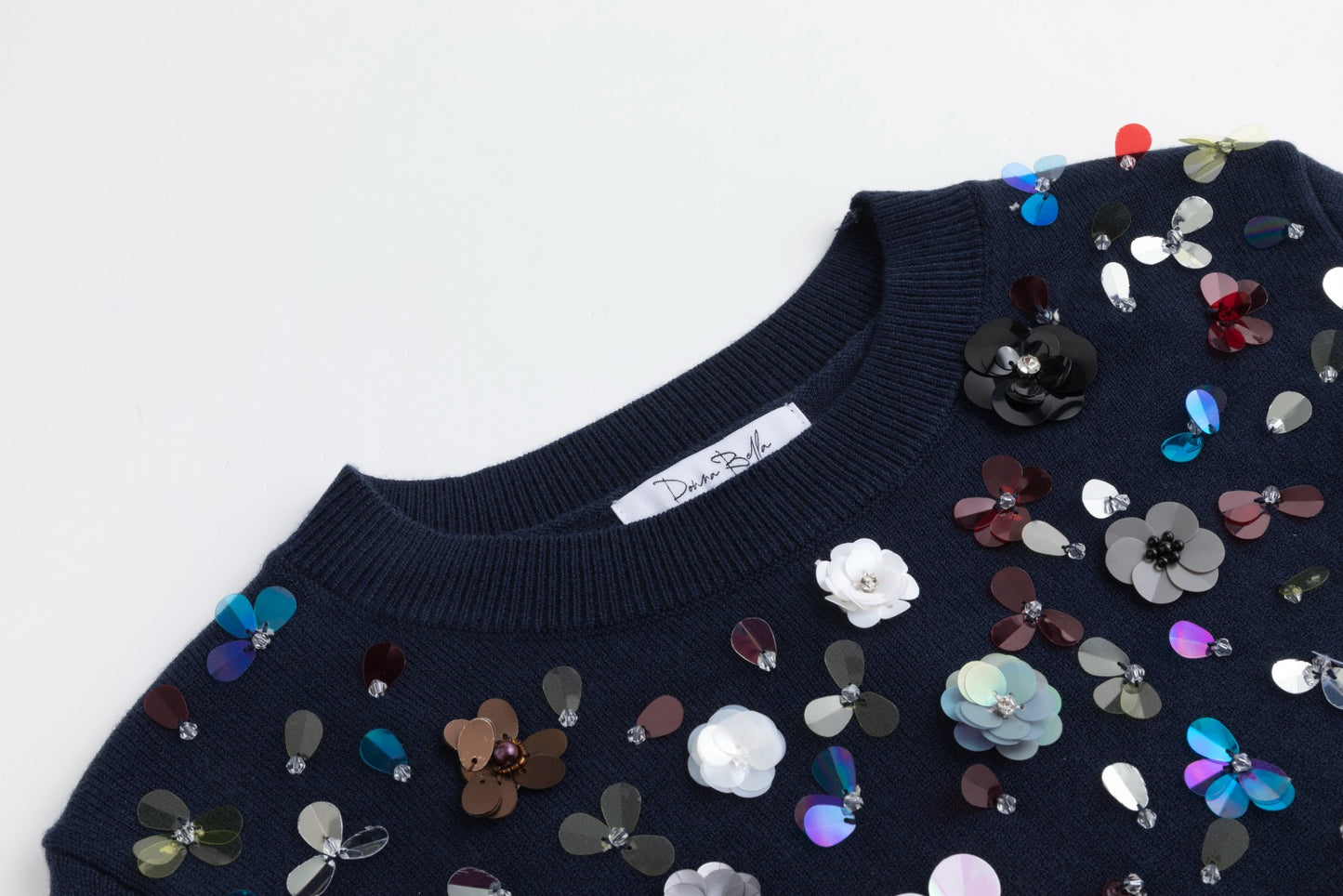 Knit Top With Multi Colored Beads Details - Navy