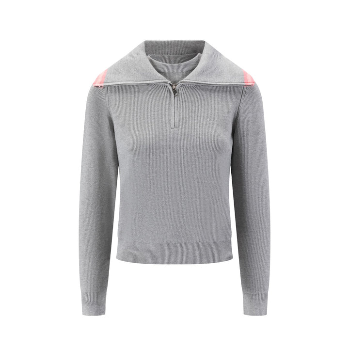 Grey Knit Sweater With Pink Stripe On Collar