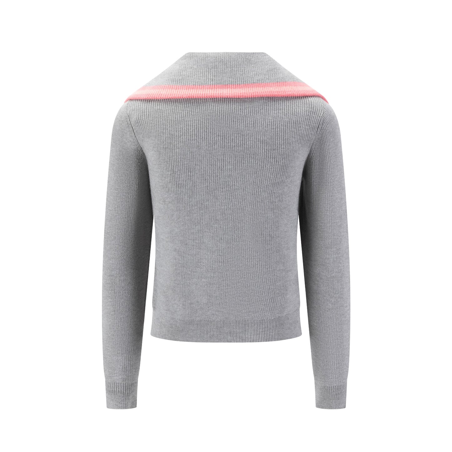 Grey Knit Sweater With Pink Stripe On Collar
