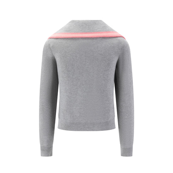 Grey Knit Sweater With Pink Stripe On Collar