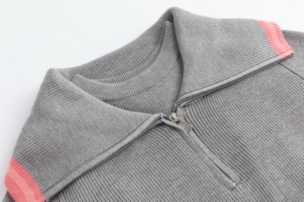 Grey Knit Sweater With Pink Stripe On Collar