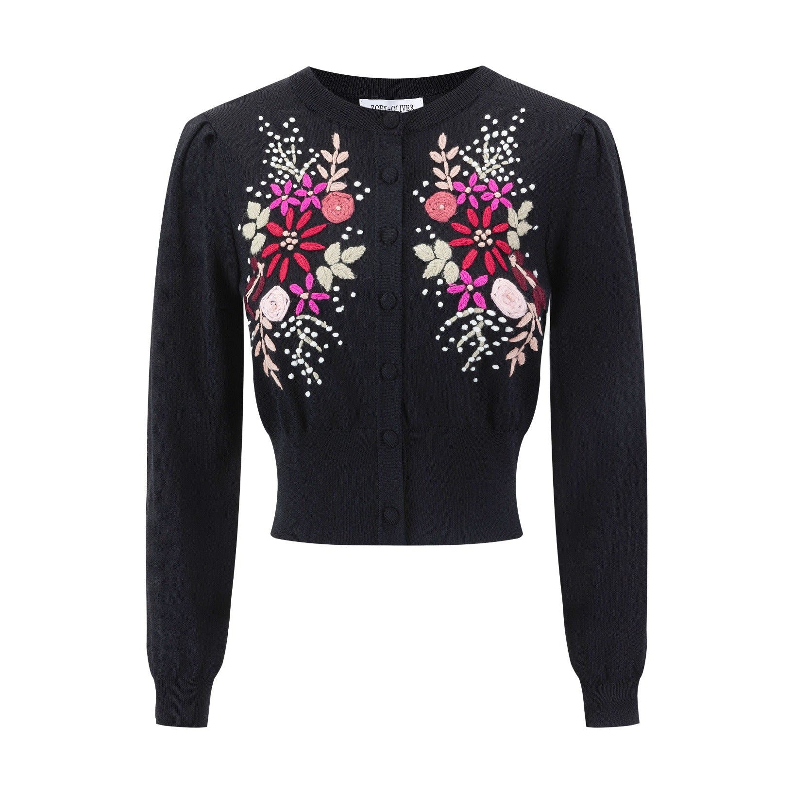Black And Pink Embroidered Detailed Cardigan