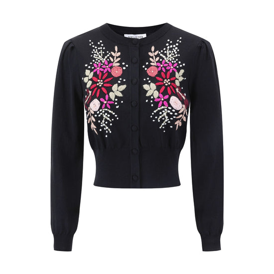 Black And Pink Embroidered Detailed Cardigan