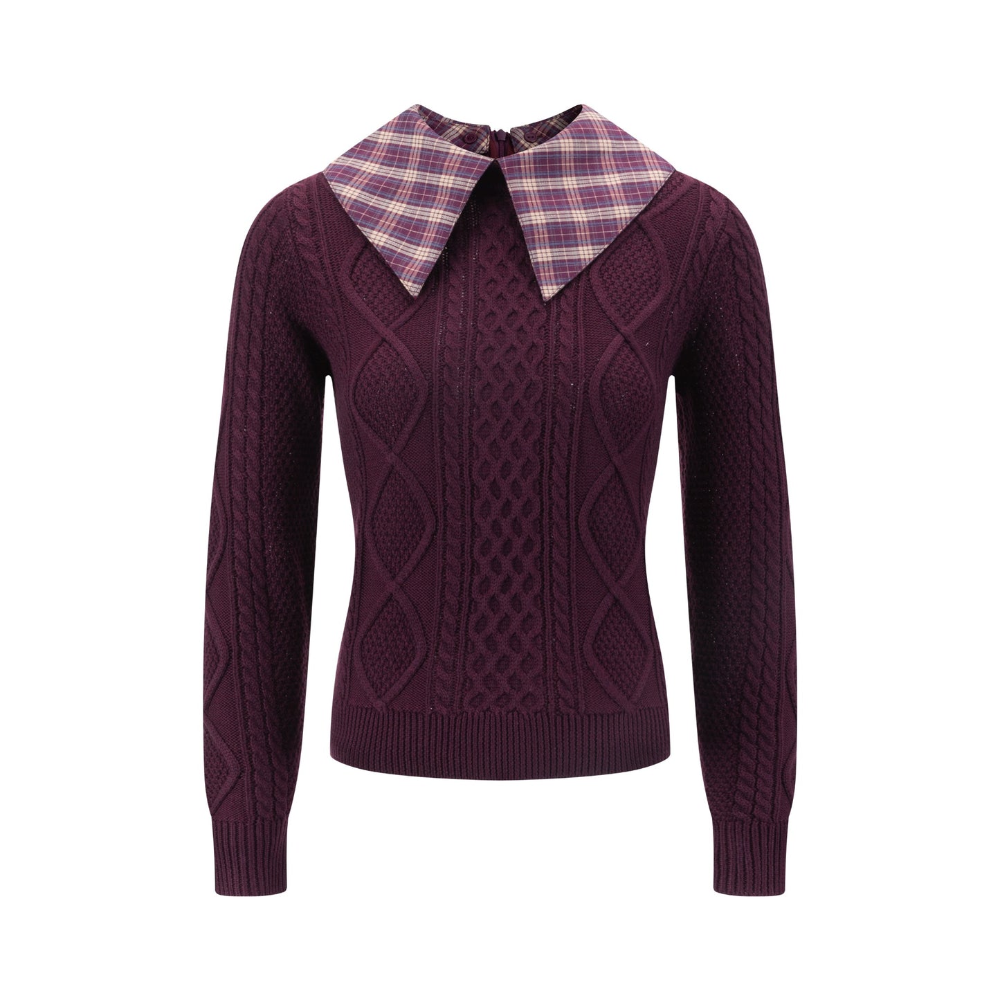 Purple Knit Sweater With Plaid Collar