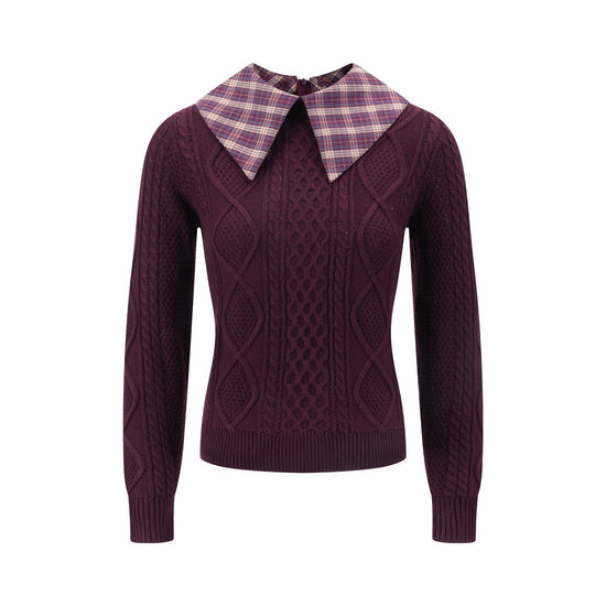 Purple Knit Sweater With Plaid Collar