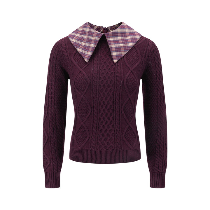 Purple Knit Sweater With Plaid Collar