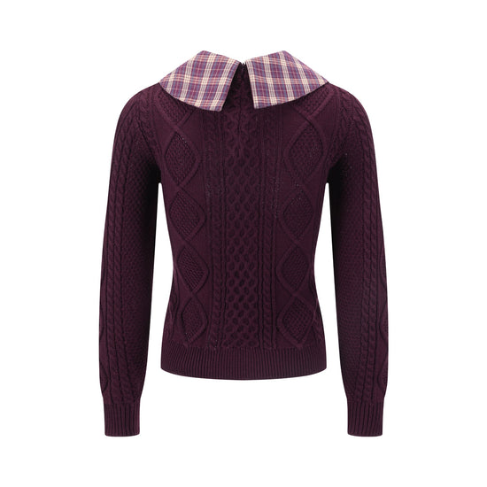 Purple Knit Sweater With Plaid Collar
