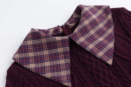 Purple Knit Sweater With Plaid Collar