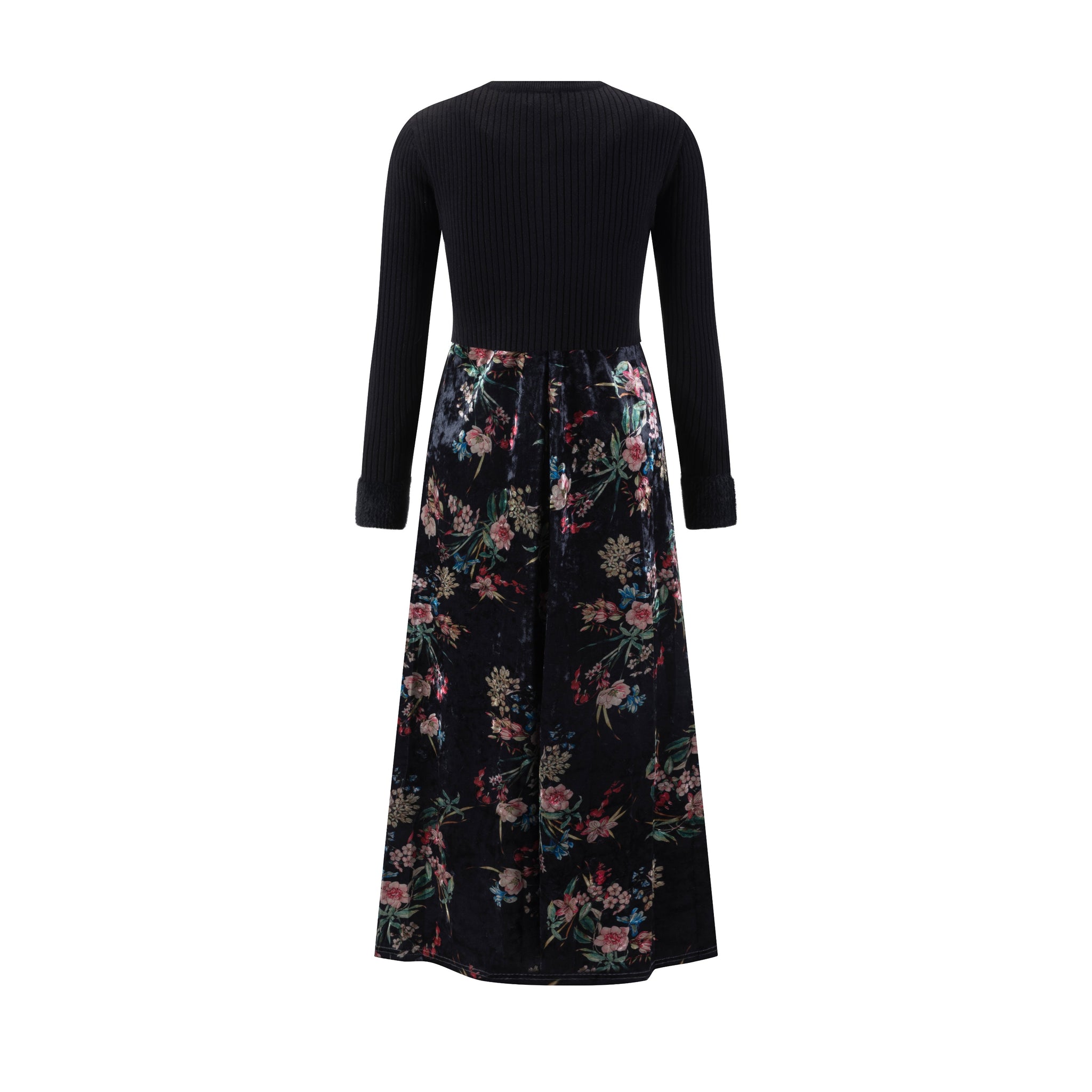 Velvet Printed Floral Dress With Knit Cardigan Overlay