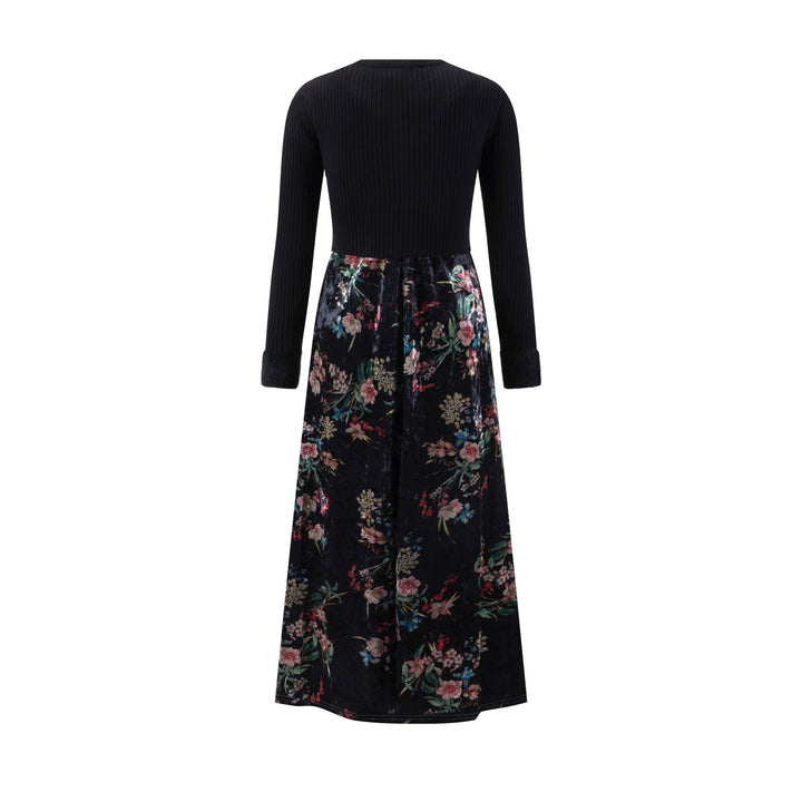 Velvet Printed Floral Dress With Knit Cardigan Overlay