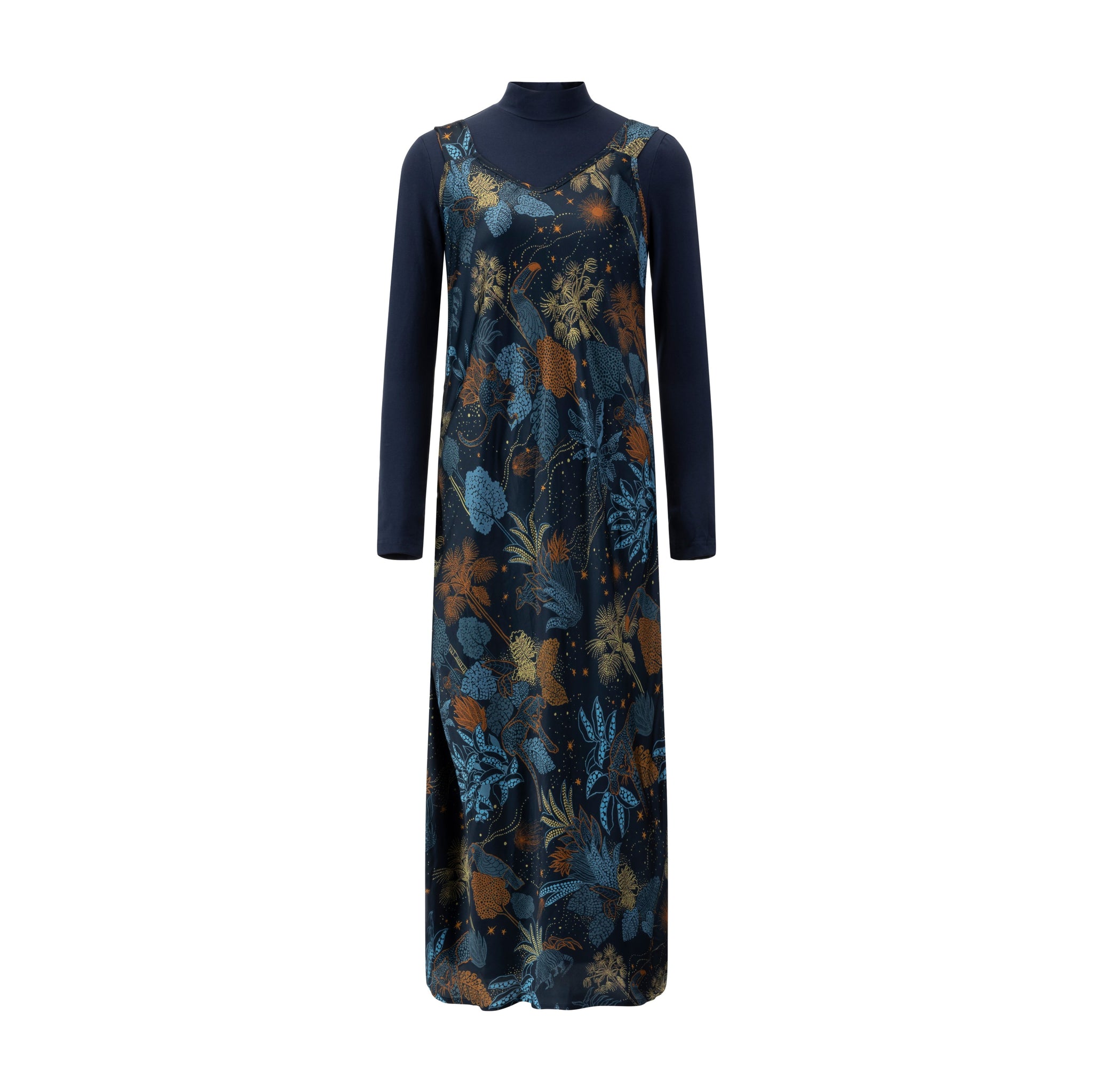 Navy And Brown Satin Jumper With Turtleneck Underlay