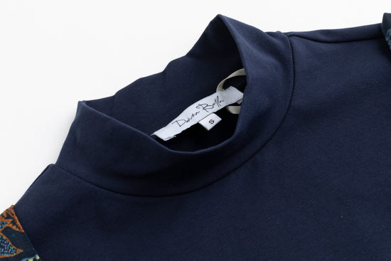 Navy And Brown Satin Jumper With Turtleneck Underlay