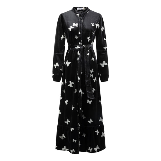 Black Butterfly Printed Velvet Dress