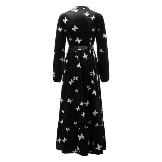 Black Butterfly Printed Velvet Dress