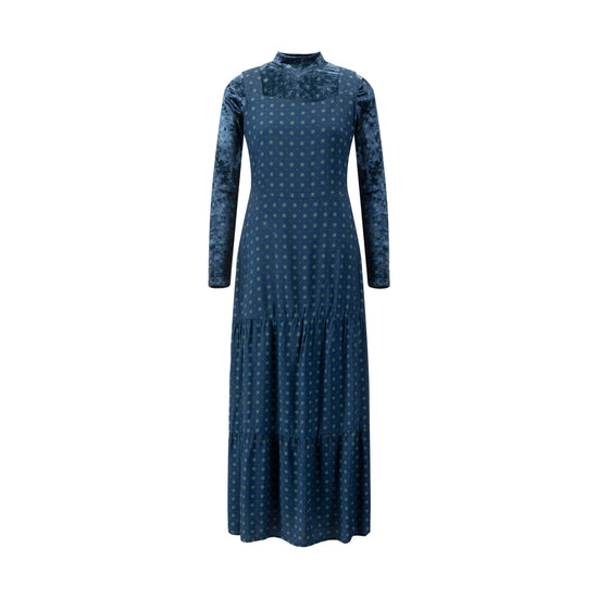 Blue Printed Wool Dress With Velvet Mock Neck Overlay