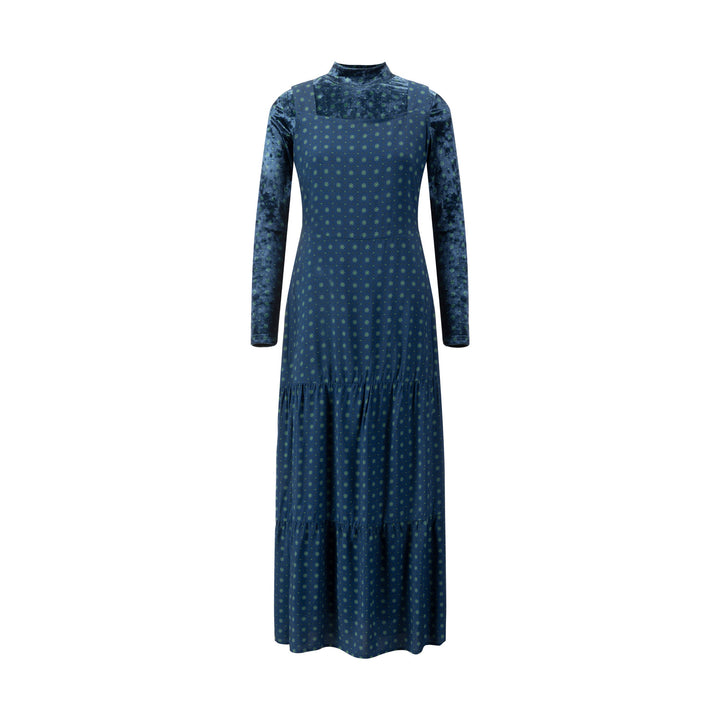Blue Printed Wool Dress With Velvet Mock Neck Overlay