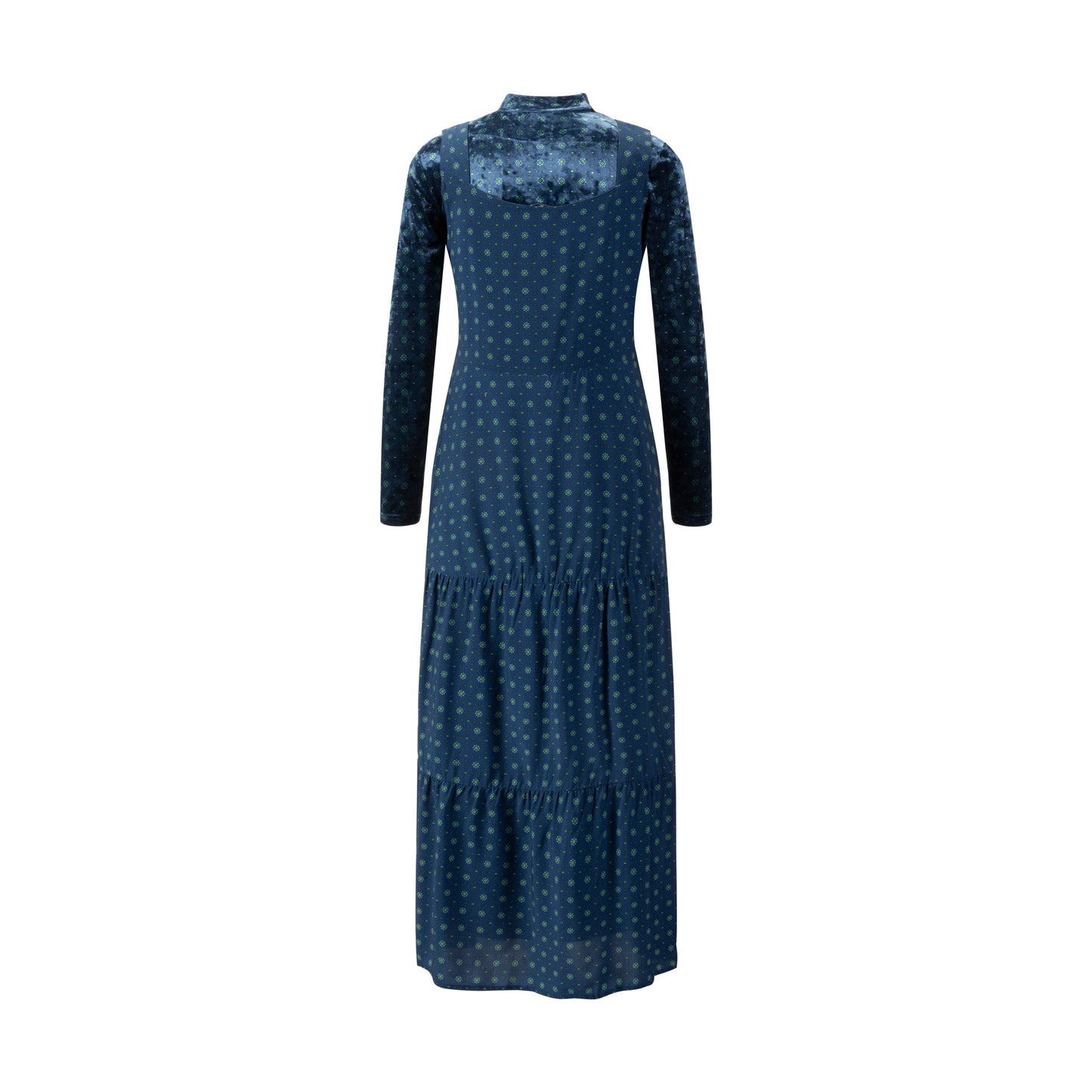 Blue Printed Wool Dress With Velvet Mock Neck Overlay