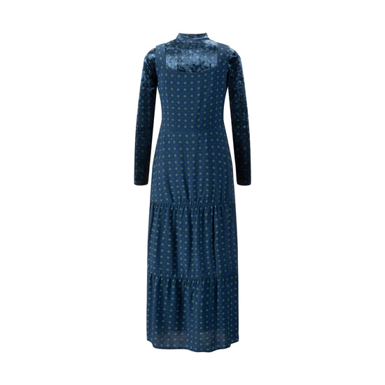 Blue Printed Wool Dress With Velvet Mock Neck Overlay