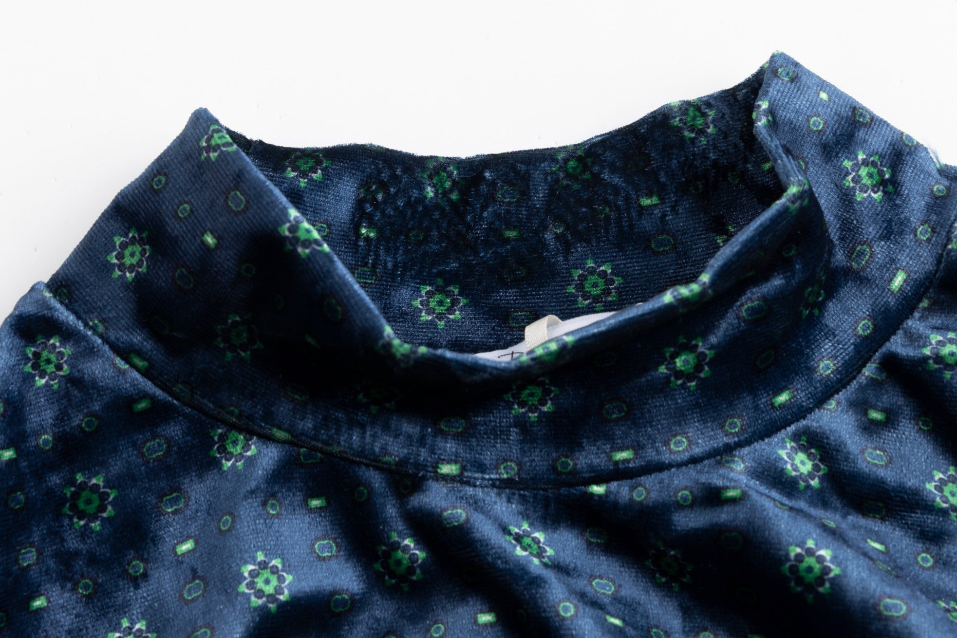 Blue Printed Wool Dress With Velvet Mock Neck Overlay