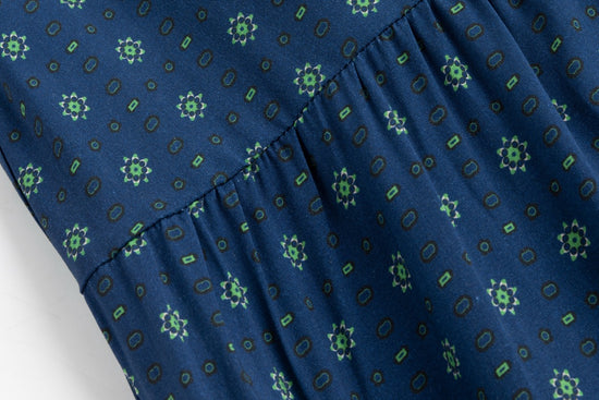 Blue Printed Wool Dress With Velvet Mock Neck Overlay
