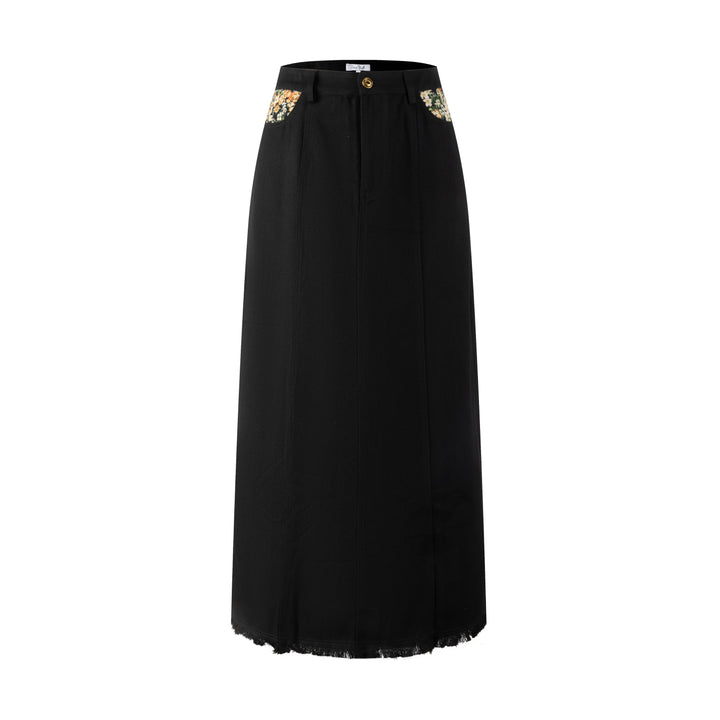 Black Denim Printed Pocket Skirt