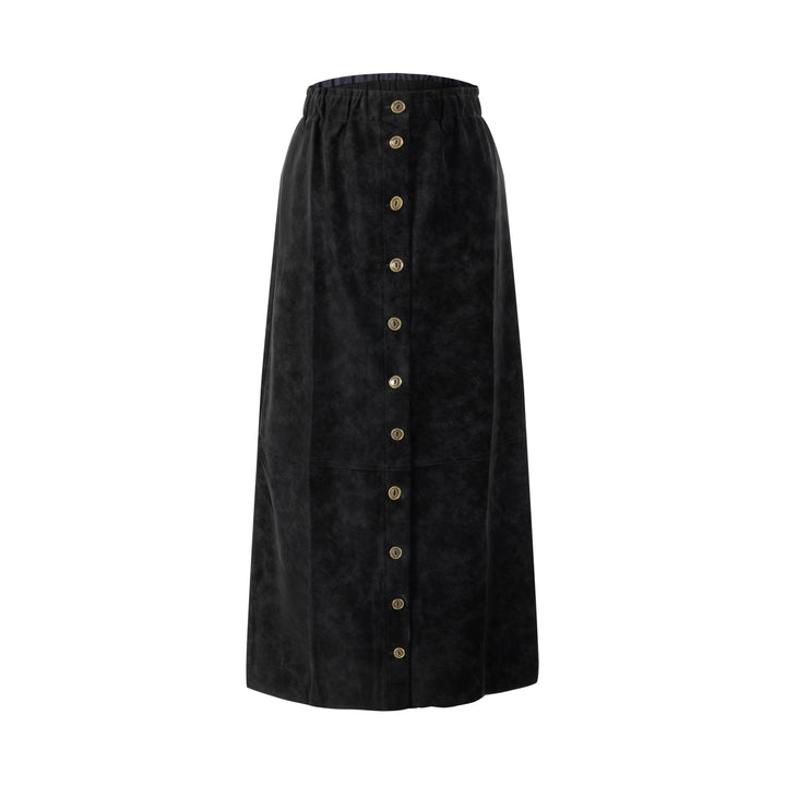 Suede Button Down Midi Skirt - Black