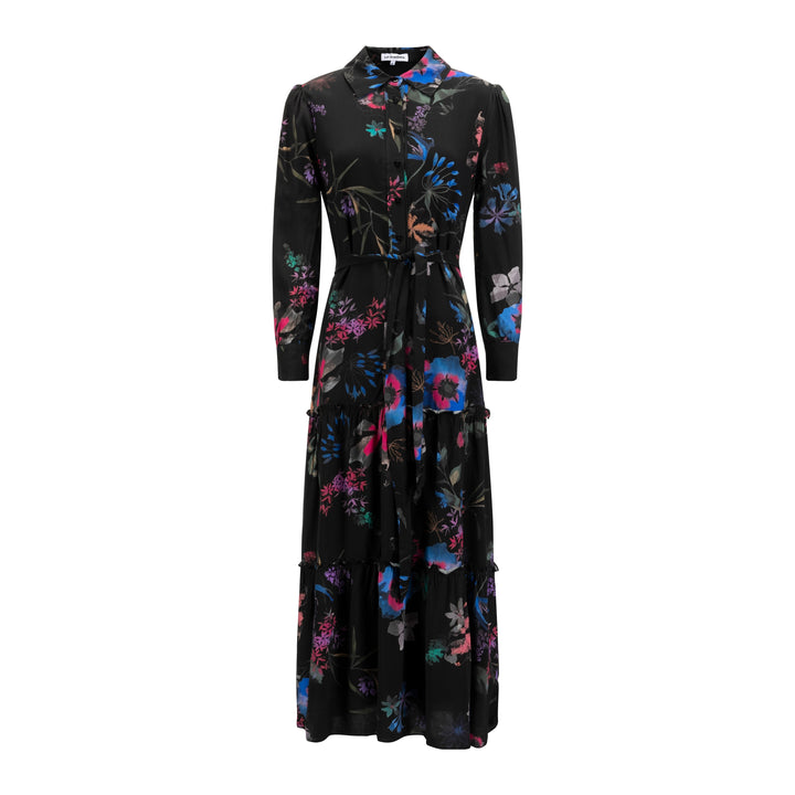 Black Base With Floral Printed Wool Dress