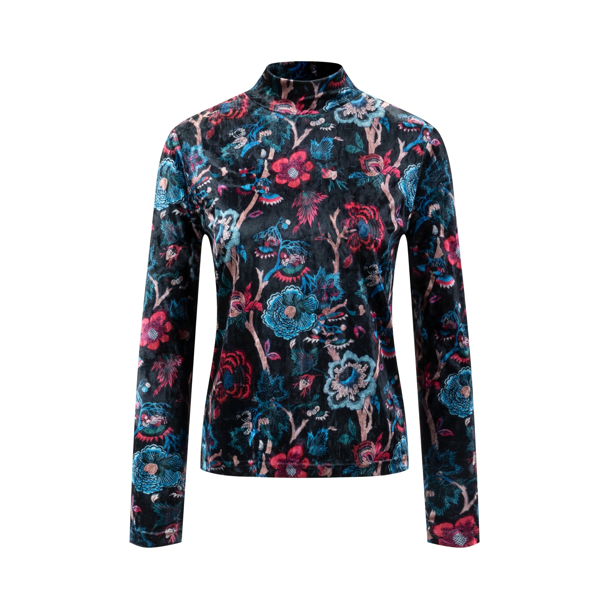 Multi Colored Printed Velvet Mock Neck