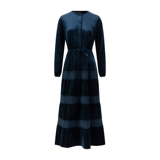 Blue Velvet And Lace Drawstring Dress