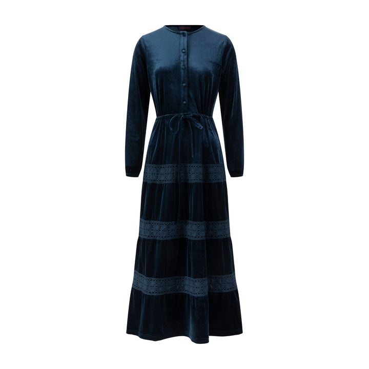 Blue Velvet And Lace Drawstring Dress