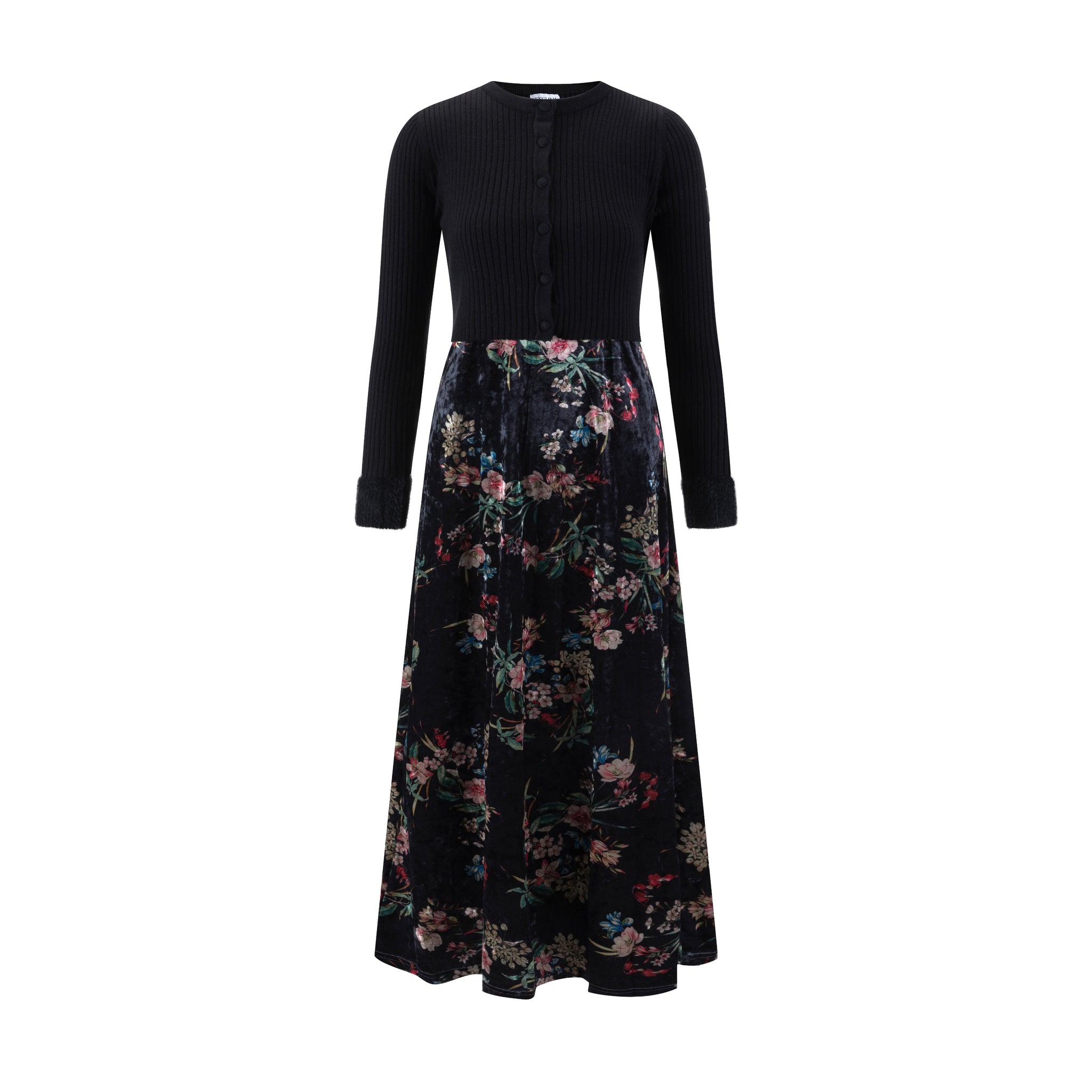 Velvet Printed Floral Dress With Knit Cardigan Overlay