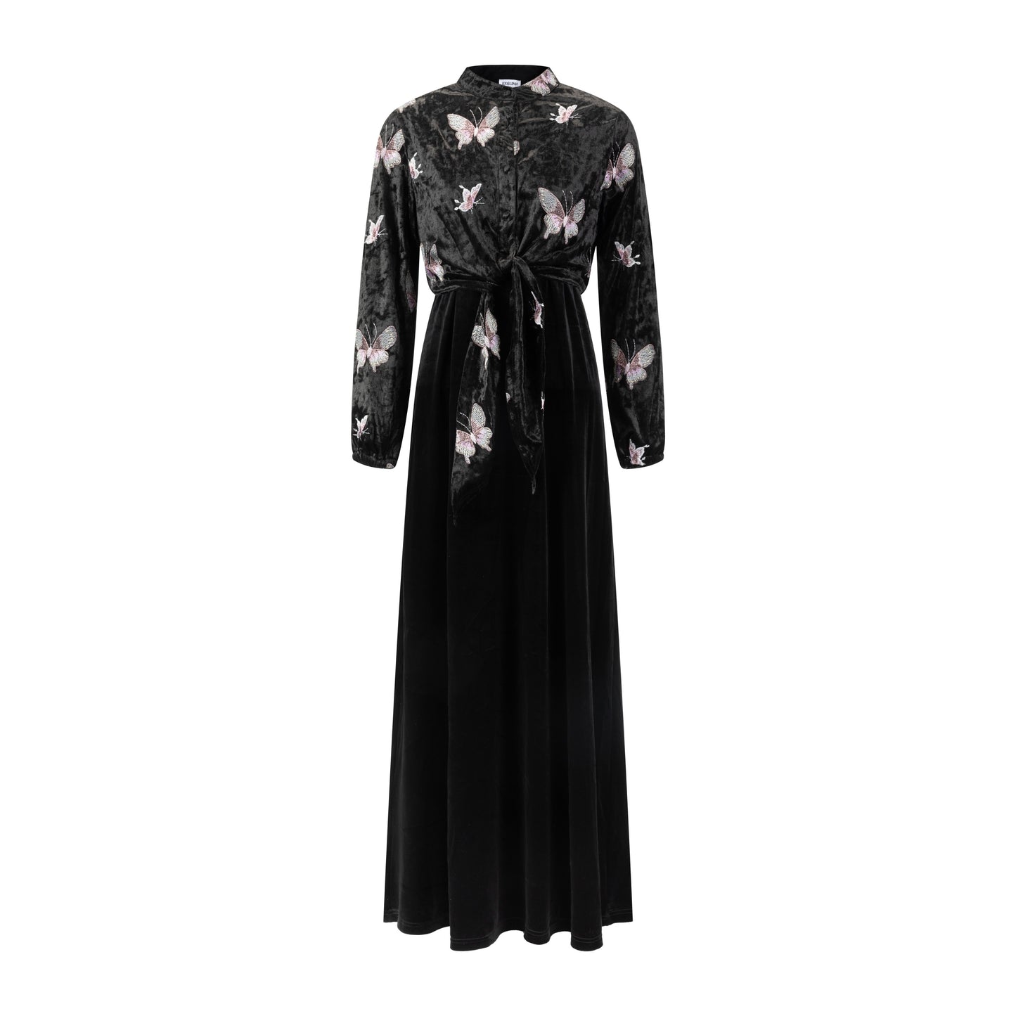 Crushed Velvet Butterflies Embroidered Tie Top With Velvet Jumper