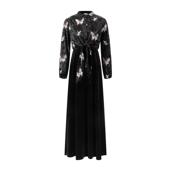 Crushed Velvet Butterflies Embroidered Tie Top With Velvet Jumper