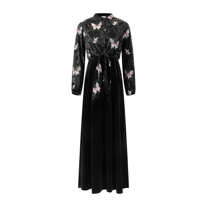Crushed Velvet Butterflies Embroidered Tie Top With Velvet Jumper