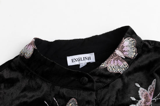 Crushed Velvet Butterflies Embroidered Tie Top With Velvet Jumper